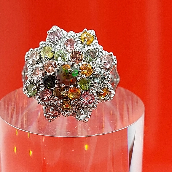 Natural Fire Opal & Tourmaline 925 Sterling Silver Ring Sz 7.5 - Picture 11 of 14